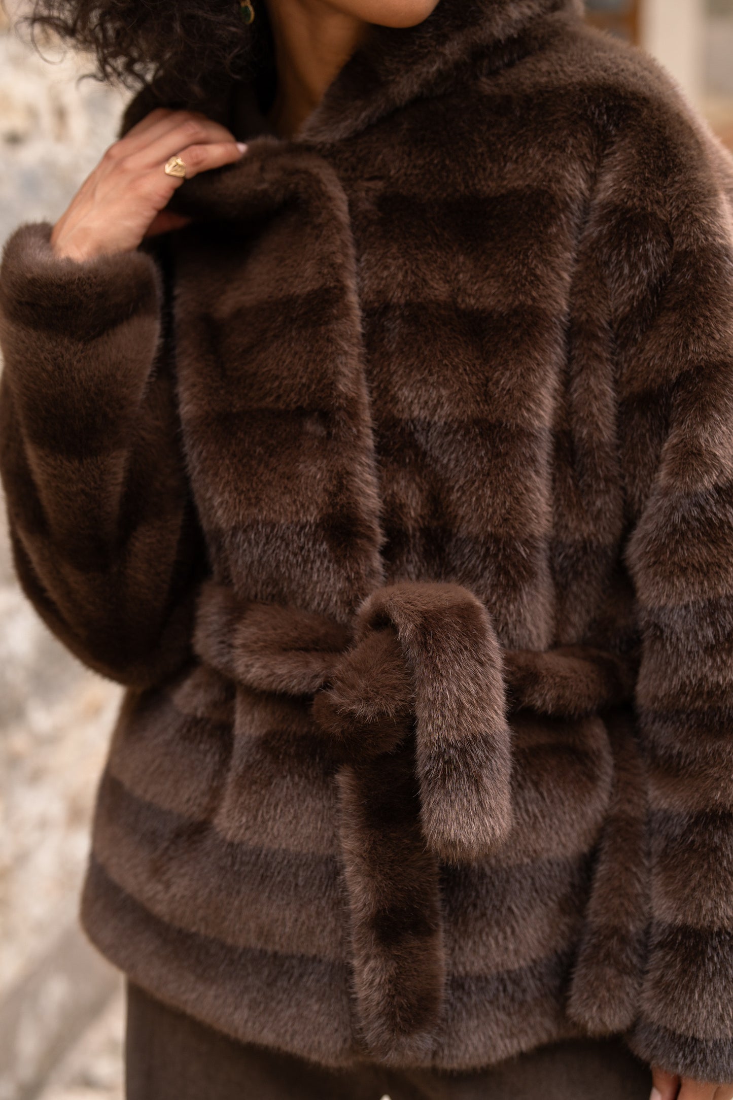 Érine Belted Faux Fur Hooded Coat