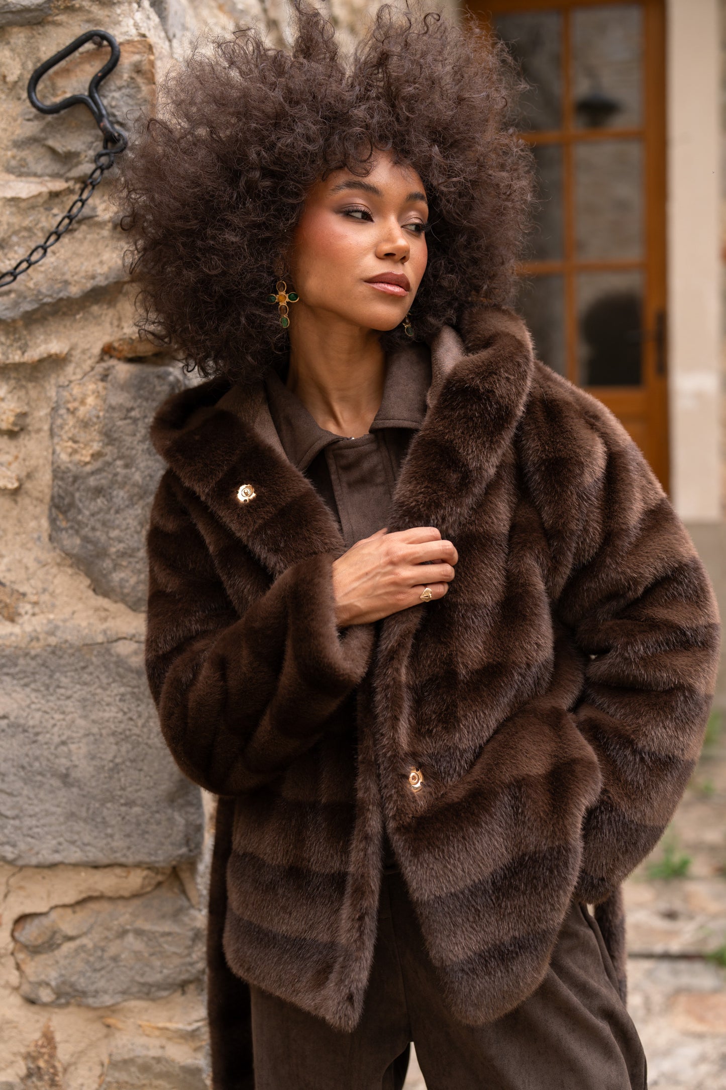 Érine Belted Faux Fur Hooded Coat